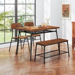 Gymax 4PCS Dining Table Set Kitchen Table With Bench 2 Chairs Storage Rack in Brown - Size: 4 Pack - thumbnail 9