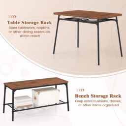 Gymax 4PCS Dining Table Set Kitchen Table With Bench 2 Chairs Storage Rack in Brown - Size: 4 Pack - thumbnail 5