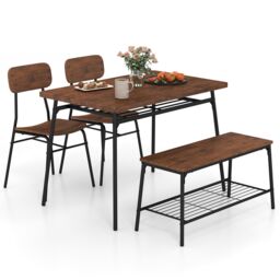 Gymax 4PCS Dining Table Set Kitchen Table With Bench 2 Chairs Storage Rack in Brown - Size: 4 Pack