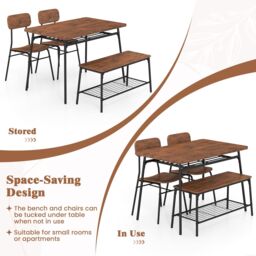 Gymax 4PCS Dining Table Set Kitchen Table With Bench 2 Chairs Storage Rack in Brown - Size: 4 Pack - thumbnail 3