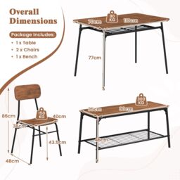 Gymax 4PCS Dining Table Set Kitchen Table With Bench 2 Chairs Storage Rack in Brown - Size: 4 Pack - thumbnail 2