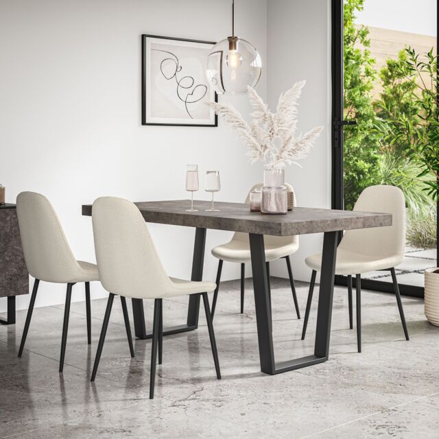 More4Homes Aria Dining Table & Chairs - Concrete Effect Table Top w Black Legs + Maya Boucle Dining Chair Set Of 6 in Ivory - image 1