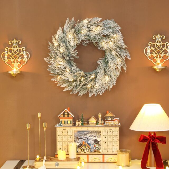 HOMCOM 60 cm Prelit Christmas Wreath, Flocked Front Door Wreath with Timer in Green - Size: 60 cm x 60 cm - image 1