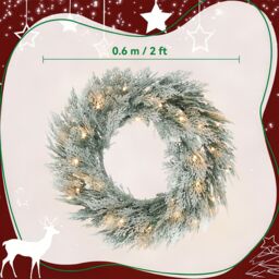 HOMCOM 60 cm Prelit Christmas Wreath, Flocked Front Door Wreath with Timer in Green - Size: 60 cm x 60 cm - thumbnail 3