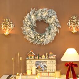 HOMCOM 60 cm Prelit Christmas Wreath, Flocked Front Door Wreath with Timer in Green - Size: 60 cm x 60 cm