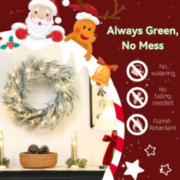 HOMCOM 60 cm Prelit Christmas Wreath, Flocked Front Door Wreath with Timer in Green - Size: 60 cm x 60 cm - thumbnail 4