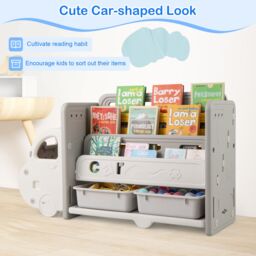 Costway Kids Toy Storage & Bookshelf Car Themed Toy Storage Cabinet in Beige - thumbnail 9