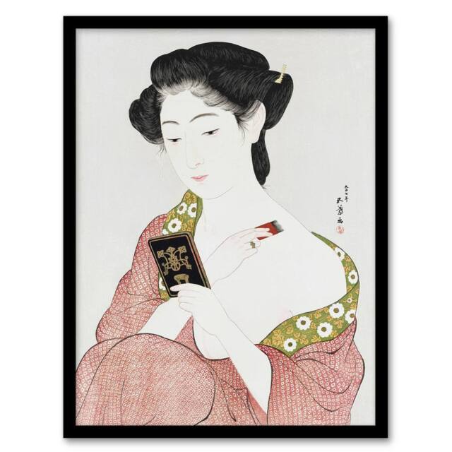 Artery8 Woman Applying Powder Portrait Vintage Framed Wall Art Print Hashiguchi in Pink - Size: A4 - image 1