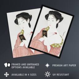 Artery8 Woman Applying Powder Portrait Vintage Framed Wall Art Print Hashiguchi in Pink - Size: A4 - thumbnail 2