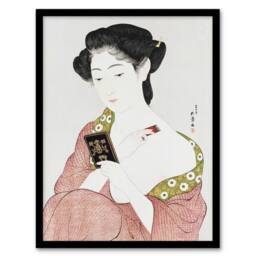 Artery8 Woman Applying Powder Portrait Vintage Framed Wall Art Print Hashiguchi in Pink - Size: A4 - thumbnail 1