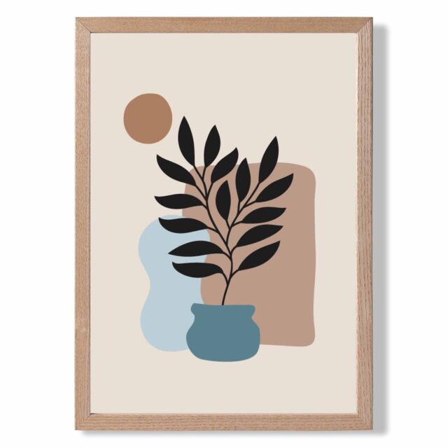 ARTZE Beige, Blue & Brown Boho Graphical Floral Framed Print SIZE: A4 with Oak Frame - Size: A2 - image 1