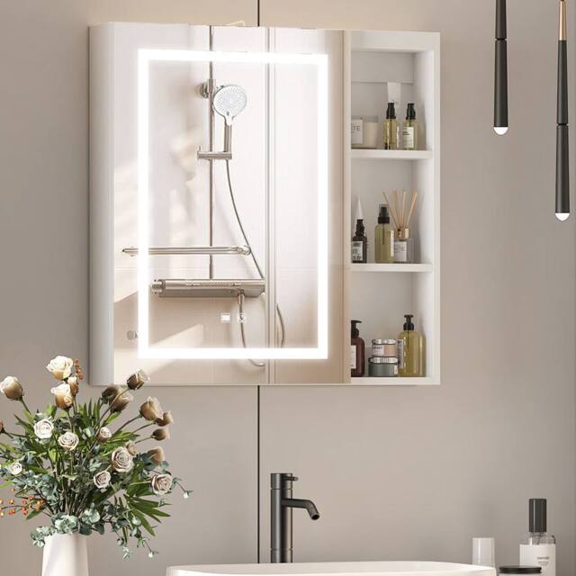 KEEPREAPER Sleek Bathroom Mirror Cabinet with Shaver Socket & Lights in White - image 1