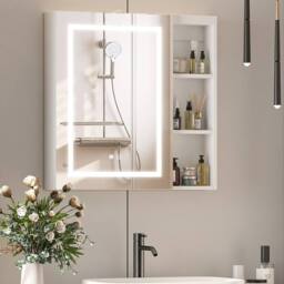 KEEPREAPER Sleek Bathroom Mirror Cabinet with Shaver Socket & Lights in White - thumbnail 1