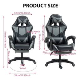 EONLION Gaming Office Chair with Footrest in Black - Size: 100 cm - thumbnail 2