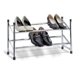VOGREX 2 Tier Chrome Stackable Extendable Shoe Rack Organiser Tidy in Silver - thumbnail 1