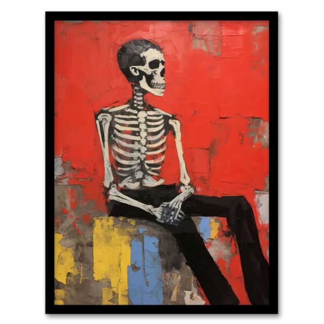 Artery8 The Thinker By Ryan Ramirez Posed Skeleton Oil Painting Portrait Bones Red Halloween Art Print Framed Poster Wall Decor in Black - Size: A4 - image 1