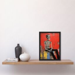 Artery8 The Thinker By Ryan Ramirez Posed Skeleton Oil Painting Portrait Bones Red Halloween Art Print Framed Poster Wall Decor in Black - Size: A4 - thumbnail 4