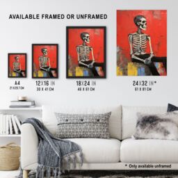 Artery8 The Thinker By Ryan Ramirez Posed Skeleton Oil Painting Portrait Bones Red Halloween Art Print Framed Poster Wall Decor in Black - Size: A4 - thumbnail 3