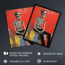 Artery8 The Thinker By Ryan Ramirez Posed Skeleton Oil Painting Portrait Bones Red Halloween Art Print Framed Poster Wall Decor in Black - Size: A4 - thumbnail 2