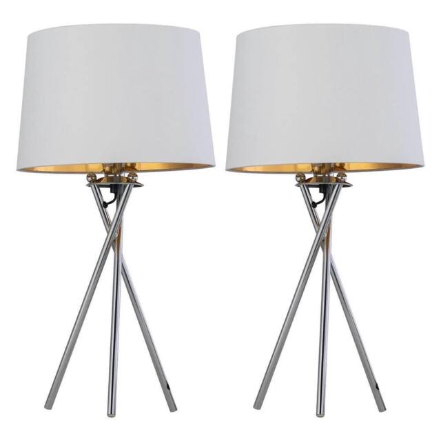 EONLION 2 Tripod Chrome Table Lamp Bedside Lights White & Gold Shade - image 1