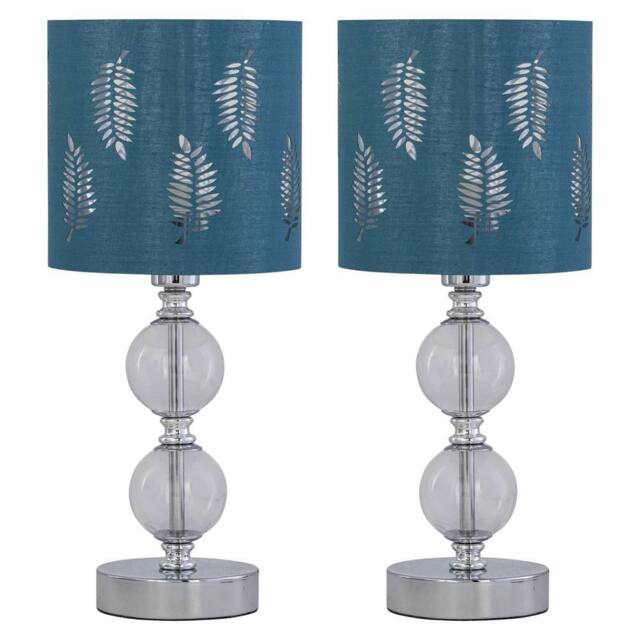 First Choice Lighting Set of 2 Chrome Two Ball Table Lamps with Teal Fern Shades in Silver - image 1