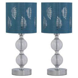 First Choice Lighting Set of 2 Chrome Two Ball Table Lamps with Teal Fern Shades in Silver