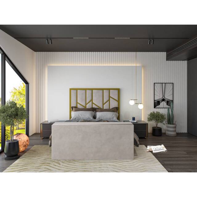KDMD Sherlock Luxe Upholstered Gold & Pebble Television Bed Frame in Light Sand - Size: Single - image 1