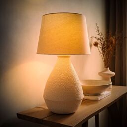 ValueLights Helena Natural Taper Shade Cream Speckled Ceramic Table Lamp with Bulb - thumbnail 1