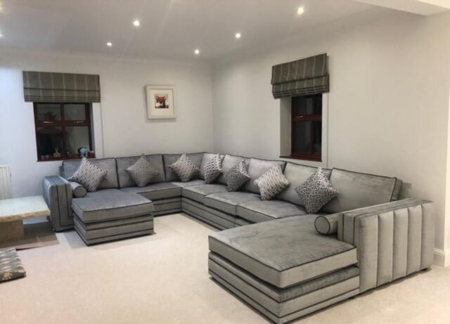 HOB Furniture Luxury Linear Thomas U Shape Sofa With Chaise End - 14ftx8ftx5ftx5ft in Dark Grey
