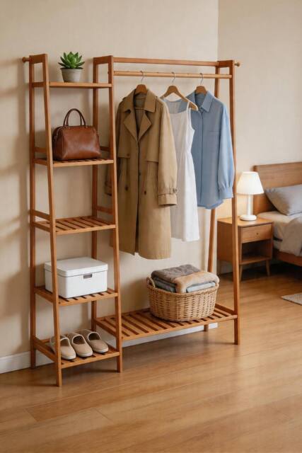ExtraStar Brown Bamboo Garment Rack with Shelves Freestanding 130cm - image 1