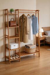 ExtraStar Brown Bamboo Garment Rack with Shelves Freestanding 130cm - thumbnail 1