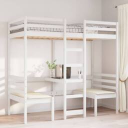 Berkfield Home Loft Bed Frame with Desk & Chairs White 90x190cm Solid Wood Pine - Size: 90x190 cm - thumbnail 1