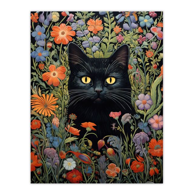 "Artery8 Black Cat In Wildflower Meadow Flowers Floral Design Illustration Unframed Wall Art Print Poster Home Decor Premium - Size: W12"" x H16""" - image 1