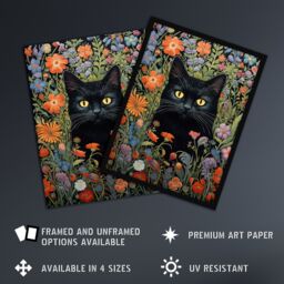"Artery8 Black Cat In Wildflower Meadow Flowers Floral Design Illustration Unframed Wall Art Print Poster Home Decor Premium - Size: W12"" x H16""" - thumbnail 2