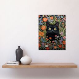"Artery8 Black Cat In Wildflower Meadow Flowers Floral Design Illustration Unframed Wall Art Print Poster Home Decor Premium - Size: W12"" x H16""" - thumbnail 4