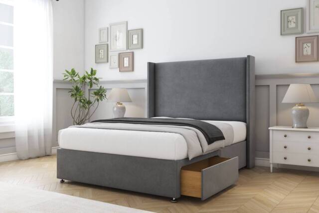 "Comfort Beds Madrid Coniston Divan Base 2 Drawers - 54"" Wingback in Dark Grey - Size: Double" - image 1