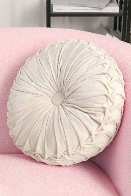 Living and Home 45cm Beige Round Velvet Pleated Pumpkin Cushion - image 1