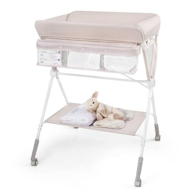 Gymax Rolling Diaper Changing Station Folding Changing Table With Trash Can in Light Beige - image 1