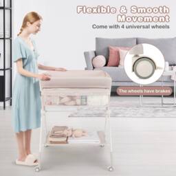 Gymax Rolling Diaper Changing Station Folding Changing Table With Trash Can in Light Beige - thumbnail 4