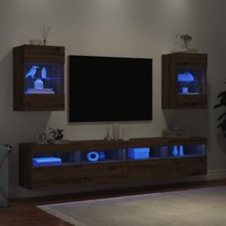 Berkfield Home TV Wall Cabinets with LED Lights 2 pcs Artisan Oak 40x30x60, 5 cm in Brown - thumbnail 3