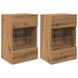 Berkfield Home TV Wall Cabinets with LED Lights 2 pcs Artisan Oak 40x30x60, 5 cm in Brown - thumbnail 2