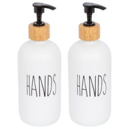 Harbour Housewares 500ml Glass Hand Soap Dispenser - 2x Refillable Bottle with Bamboo Pump in White