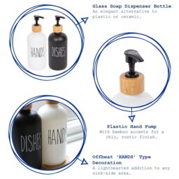 Harbour Housewares 500ml Glass Hand Soap Dispenser - 2x Refillable Bottle with Bamboo Pump in White - thumbnail 2