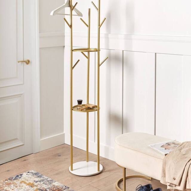 Wyld and Coco Gold Coat Stand Marble Base Shelves Freestanding Industrial Hallway - image 1