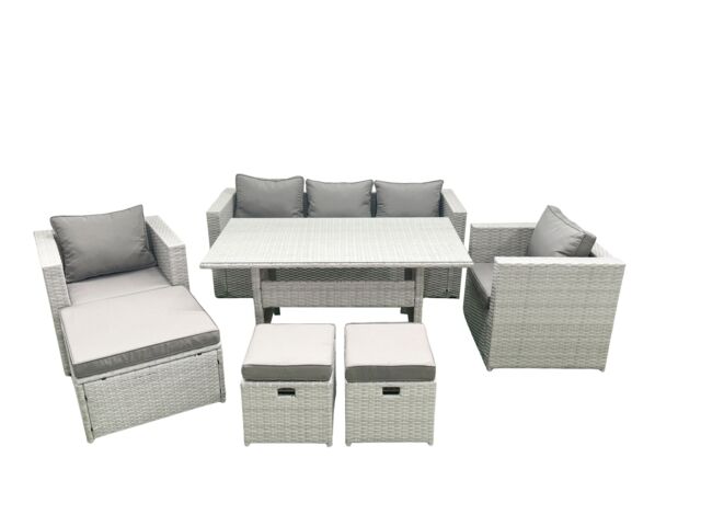 Fimous Garden Dining Set Outdoor Rattan Furniture Set with Sofa Dining Table 2 Chairs 3 Footstools Light Grey Mixed - image 1