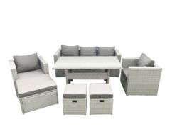 Fimous Garden Dining Set Outdoor Rattan Furniture Set with Sofa Dining Table 2 Chairs 3 Footstools Light Grey Mixed - thumbnail 1