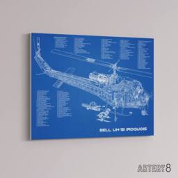 "Artery8 Bell UH 1b Iroquois USA Helicopter Blueprint Canvas Wall Art Print in Blue - Size: W24"" x H32""" - thumbnail 2