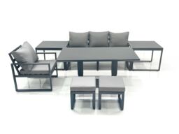Fimous 6 Seater Garden Sofa Set Aluminium Furniture Rising Dining Tabe Set with Chair 2 Side Table 2 Small Footstools Dark Grey - thumbnail 2