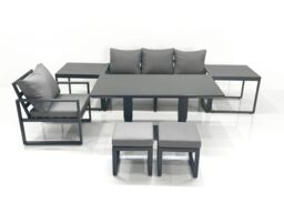 Fimous 6 Seater Garden Sofa Set Aluminium Furniture Rising Dining Tabe Set with Chair 2 Side Table 2 Small Footstools Dark Grey - thumbnail 1