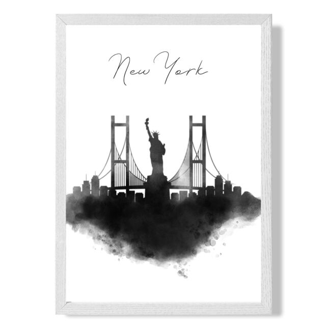 ARTZE New York Watercolour Skyline City Framed Print SIZE: A2 with White Frame in Black - Size: A4 - image 1